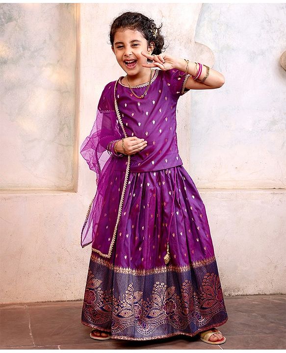 Babyhug Half Sleeves Banarsi Brocade Pattu Pavda Choli With Lehenga And Dupatta Set - Purple