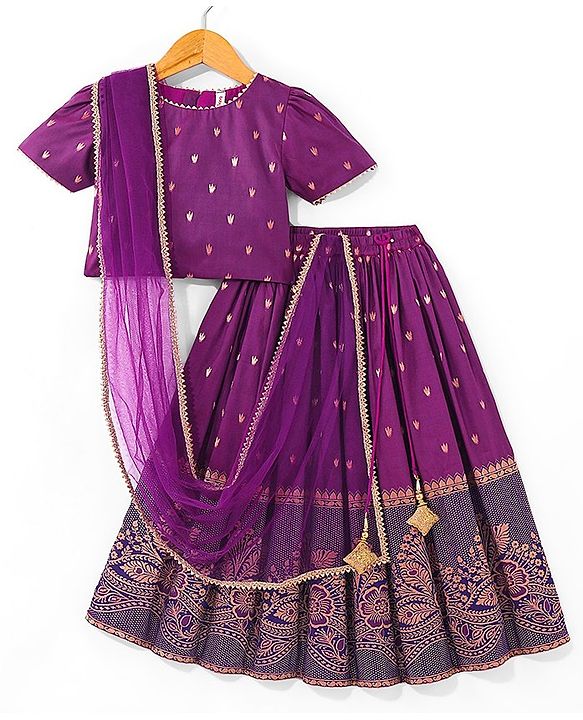 Babyhug Half Sleeves Banarsi Brocade Pattu Pavda Choli With Lehenga And Dupatta Set - Purple