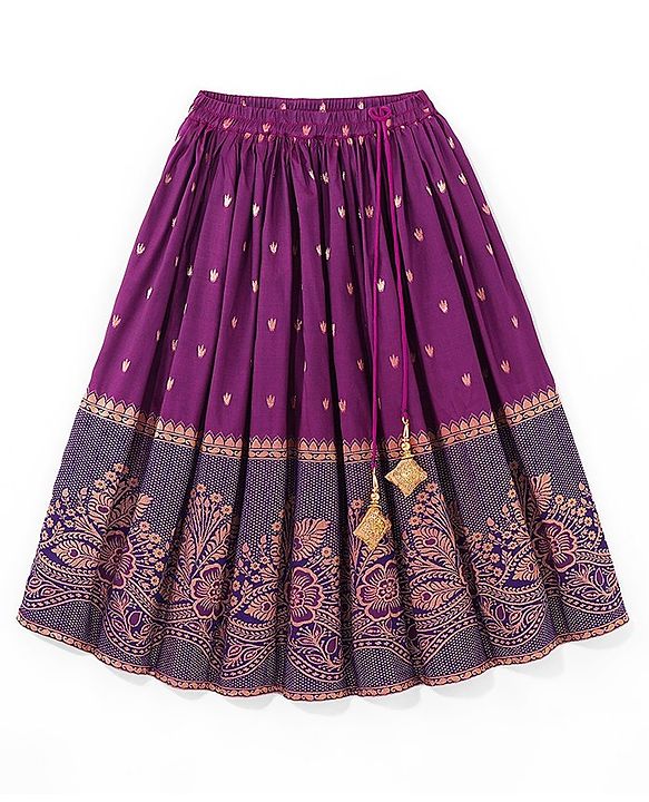 Babyhug Half Sleeves Banarsi Brocade Pattu Pavda Choli With Lehenga And Dupatta Set - Purple