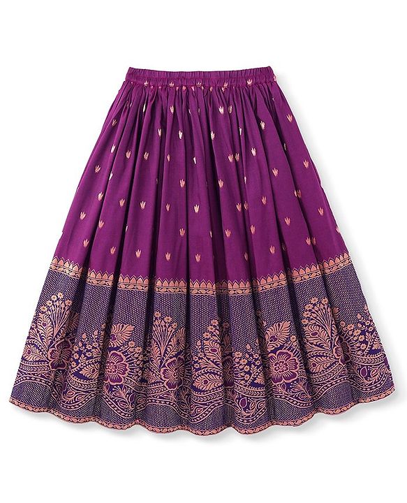 Babyhug Half Sleeves Banarsi Brocade Pattu Pavda Choli With Lehenga And Dupatta Set - Purple