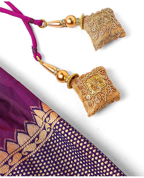 Babyhug Half Sleeves Banarsi Brocade Pattu Pavda Choli With Lehenga And Dupatta Set - Purple