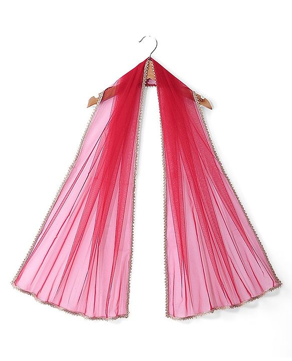 Bbayhug Woven Half Sleeves Brocade Choli & Lehenga Set with Lace Border Dupatta - Red & Off White