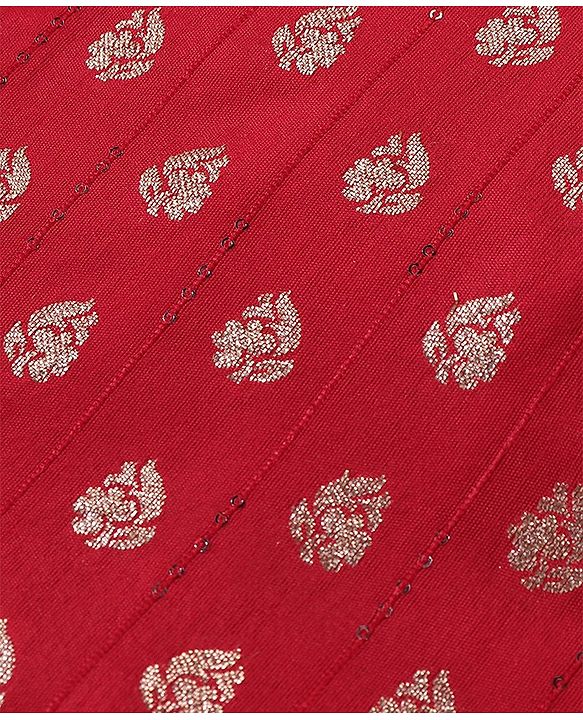 Bbayhug Woven Half Sleeves Brocade Choli & Lehenga Set with Lace Border Dupatta - Red & Off White