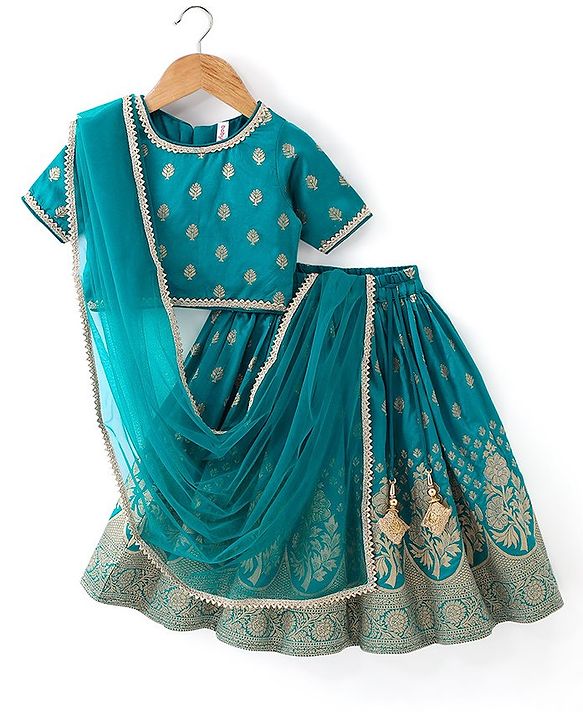 Babyhug Woven Half Sleeves Brocade Pattu Pavda Choli With Lehenga And Dupatta Set - Blue