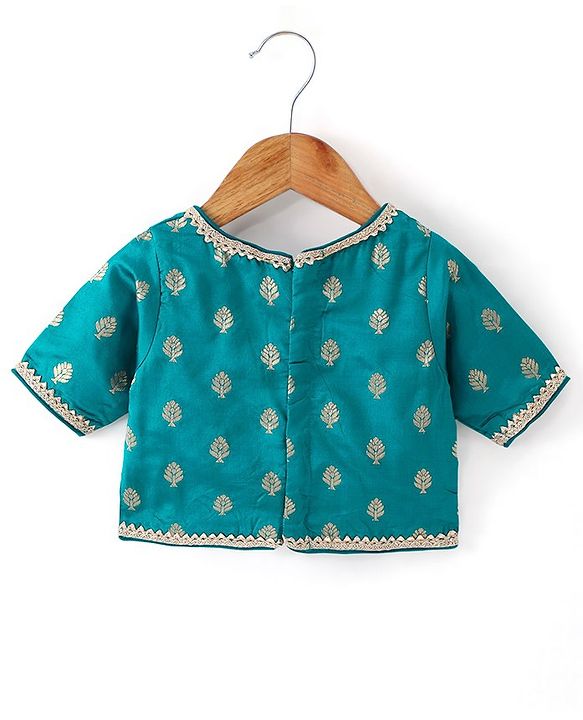 Babyhug Woven Half Sleeves Brocade Pattu Pavda Choli With Lehenga And Dupatta Set - Blue