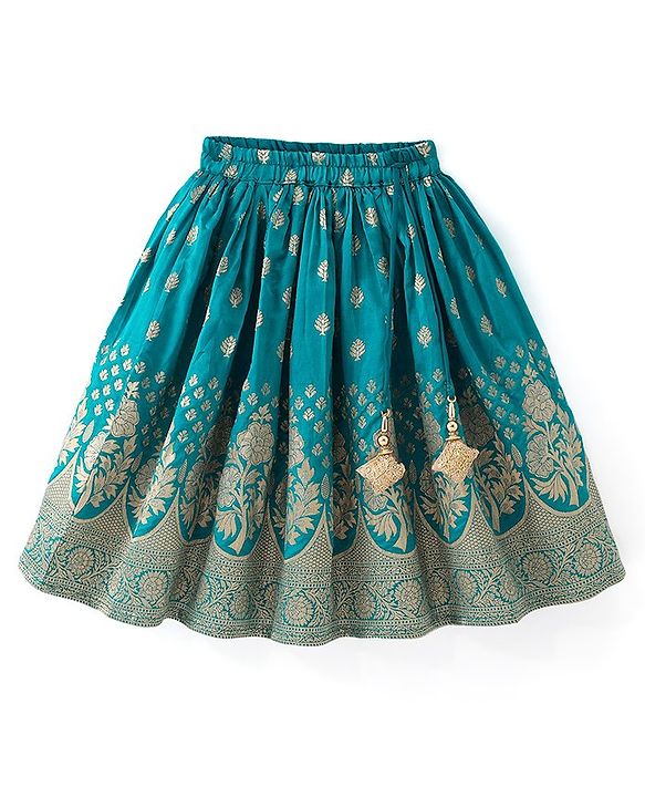 Babyhug Woven Half Sleeves Brocade Pattu Pavda Choli With Lehenga And Dupatta Set - Blue
