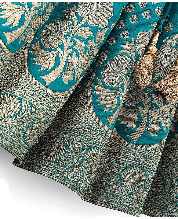 Babyhug Woven Half Sleeves Brocade Pattu Pavda Choli With Lehenga And Dupatta Set - Blue