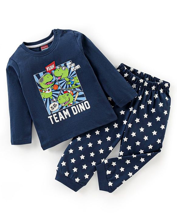Babyhug Cotton Full Sleeves Night Suit Dino & Stars Print- Navy Blue
