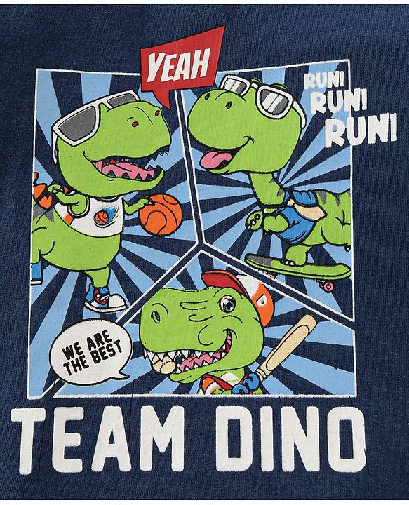 Babyhug Cotton Full Sleeves Night Suit Dino & Stars Print- Navy Blue