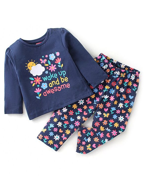 Babyhug Cotton Knit Full Sleeves Night Suit With Floral Print - Navy Blue