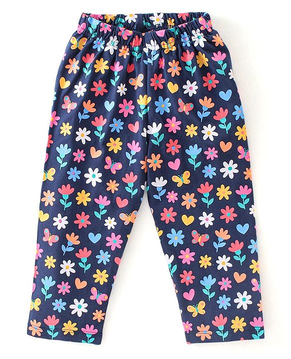 Babyhug Cotton Knit Full Sleeves Night Suit With Floral Print - Navy Blue