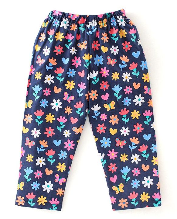 Babyhug Cotton Knit Full Sleeves Night Suit With Floral Print - Navy Blue