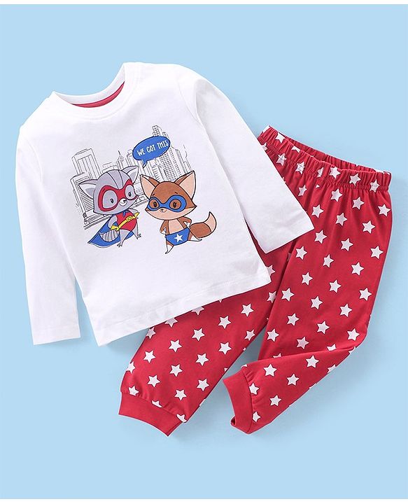 Babyhug Cotton Knit Full Sleeves Night Suit Fox Print - Red & White