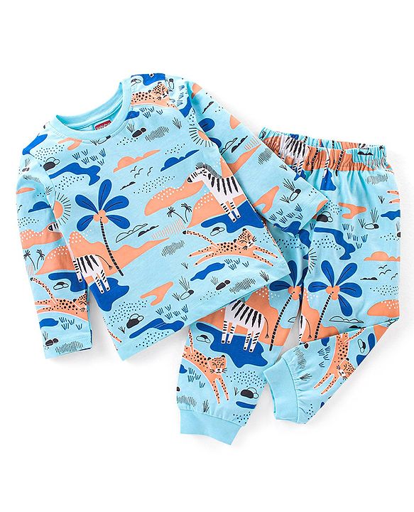 Babyhug Cotton Knit Full Sleeves Night Suit Zebra Print - Blue