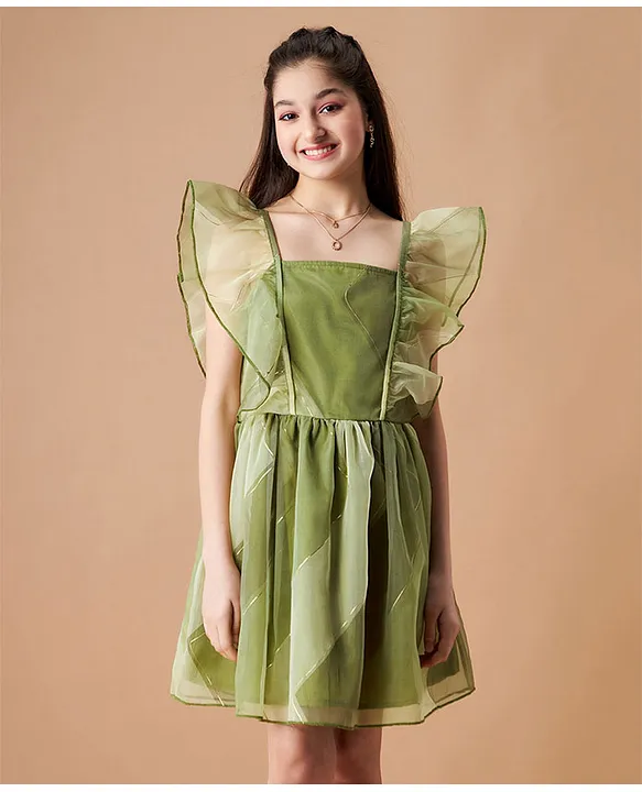 BOTTLE GREEN TIERED ONE PIECE DRESS – Aarudhra Fashions