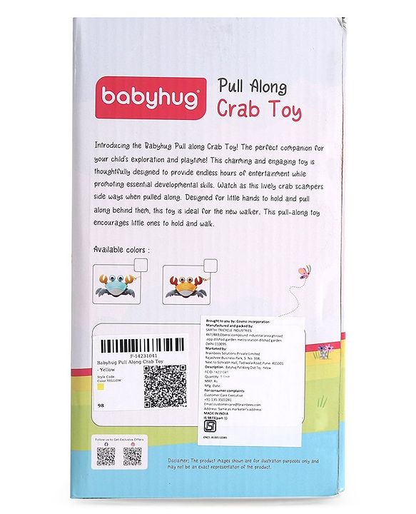 Babyhug Pull Along Crab Toy - Yellow