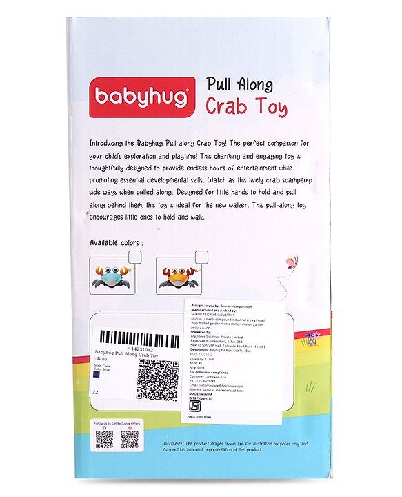 Babyhug Pull Along Crab Toy - Blue