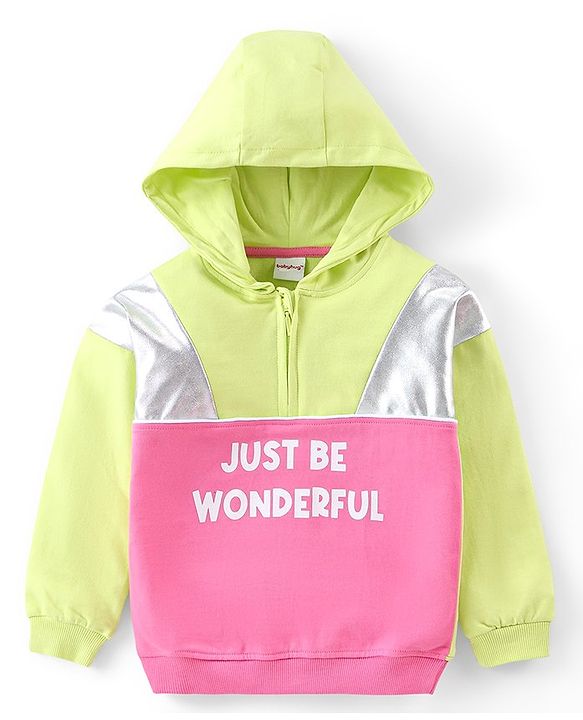 Babyhug Cotton Knit Full Sleeves Cut & Sew Sweatshirt With Hood & Metallic Fabric Text Print - Green & Pink