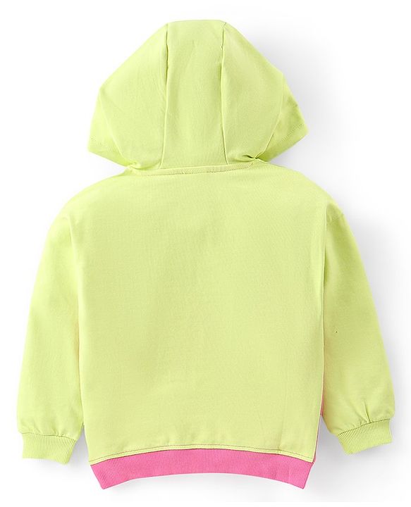 Babyhug Cotton Knit Full Sleeves Cut & Sew Sweatshirt With Hood & Metallic Fabric Text Print - Green & Pink