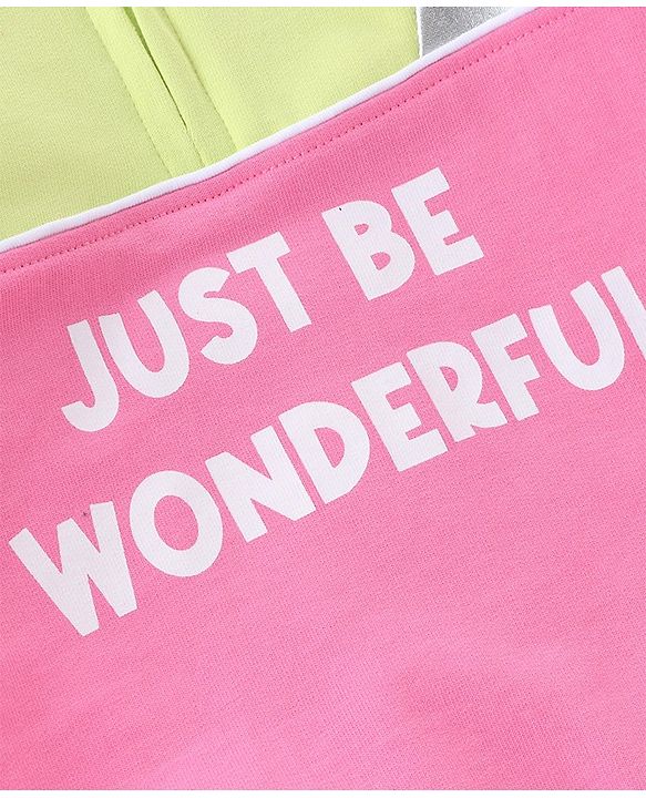 Babyhug Cotton Knit Full Sleeves Cut & Sew Sweatshirt With Hood & Metallic Fabric Text Print - Green & Pink
