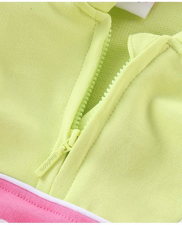 Babyhug Cotton Knit Full Sleeves Cut & Sew Sweatshirt With Hood & Metallic Fabric Text Print - Green & Pink