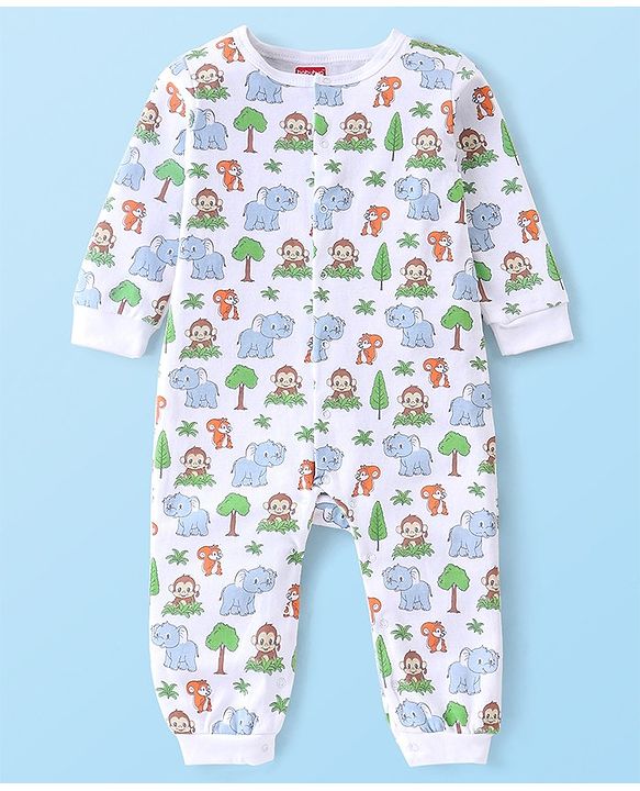 Babyhug 100% Cotton Interlock Knit Romper Animal Print - White
