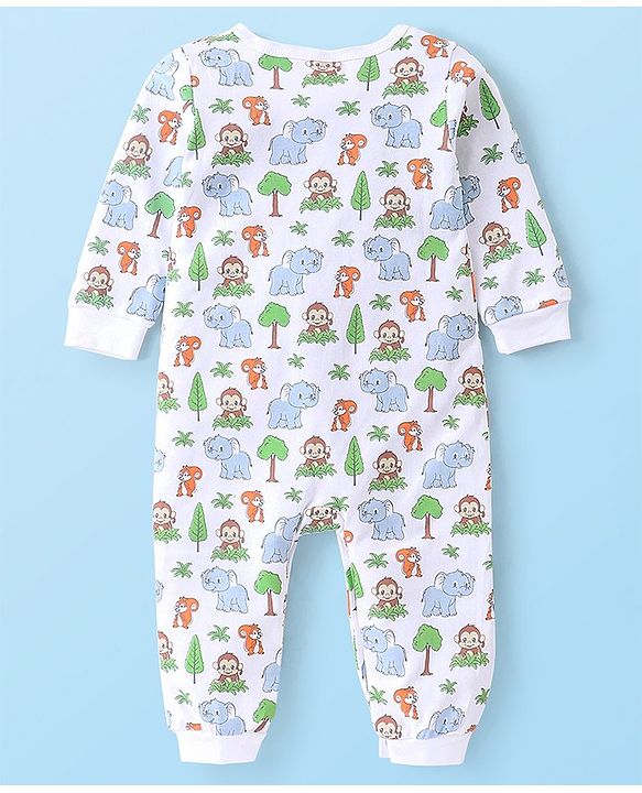 Babyhug 100% Cotton Interlock Knit Romper Animal Print - White