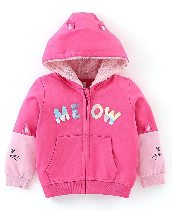 Babyhug Cotton Knit Full Sleeves Hooded Sweat Jacket with Zipper & Kitty Design - Pink