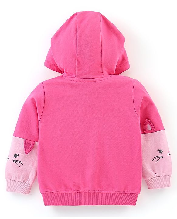 Babyhug Cotton Knit Full Sleeves Hooded Sweat Jacket with Zipper & Kitty Design - Pink