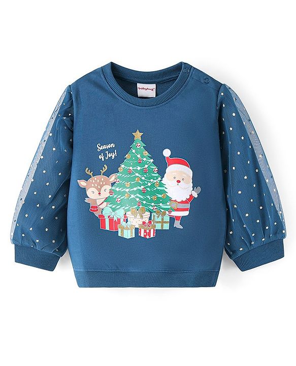 Babyhug Cotton Full Sleeves Sweatshirt With Christmas Graphics Foil Print & Mesh Detailing - Navy Blue