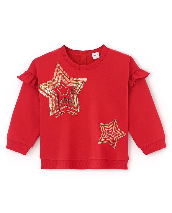 Babyhug Cotton Knit Full Sleeves Sweatshirt with Sequins & Frill Detailing - Red