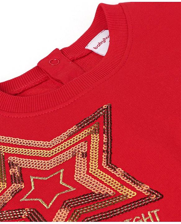 Babyhug Cotton Knit Full Sleeves Sweatshirt with Sequins & Frill Detailing - Red