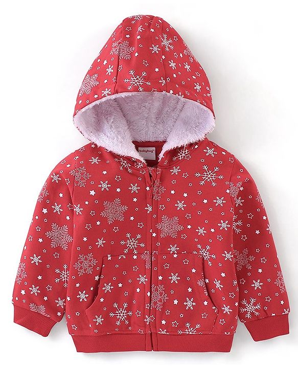 Babyhug Cotton Knit Full Sleeves Sweatjacket With Zipper & Hood Snow Print - Red