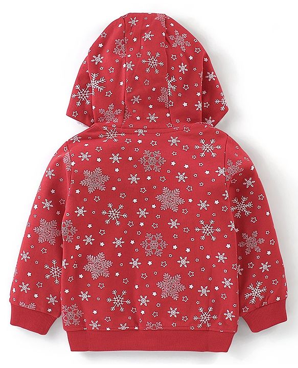 Babyhug Cotton Knit Full Sleeves Sweatjacket With Zipper & Hood Snow Print - Red