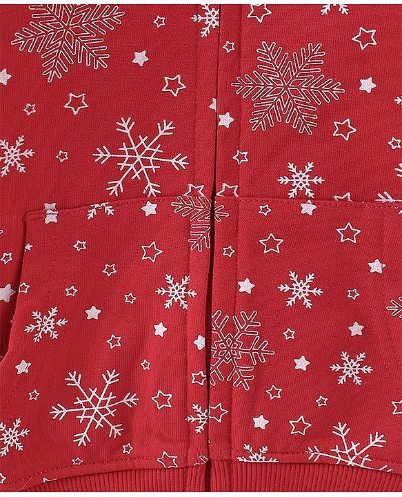 Babyhug Cotton Knit Full Sleeves Sweatjacket With Zipper & Hood Snow Print - Red