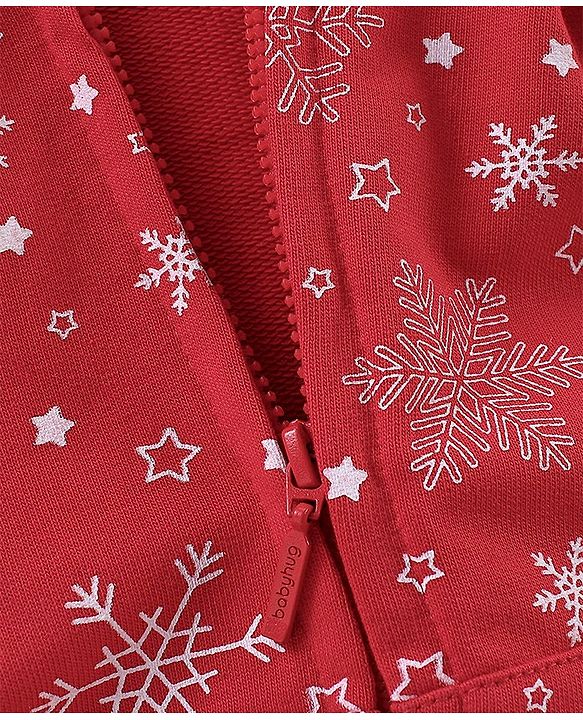 Babyhug Cotton Knit Full Sleeves Sweatjacket With Zipper & Hood Snow Print - Red