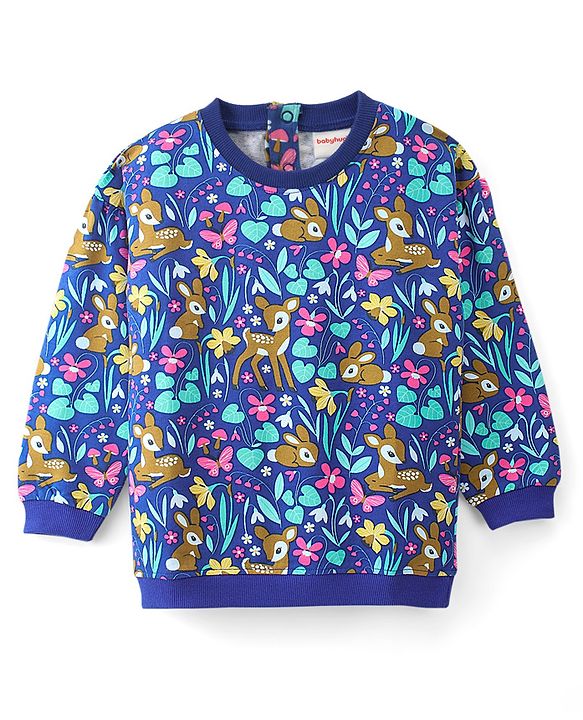 Babyhug 100% Cotton Knit Full Sleeves Sweatshirt With Floral & Deer Print - Navy Blue