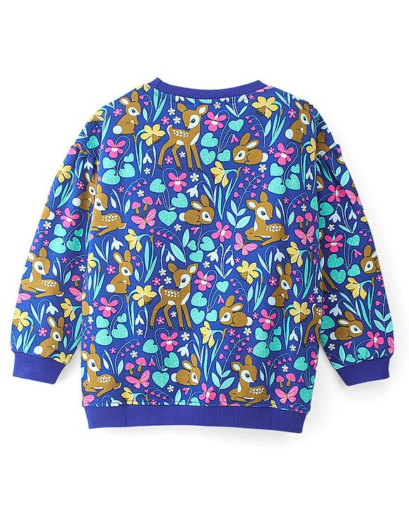 Babyhug 100% Cotton Knit Full Sleeves Sweatshirt With Floral & Deer Print - Navy Blue