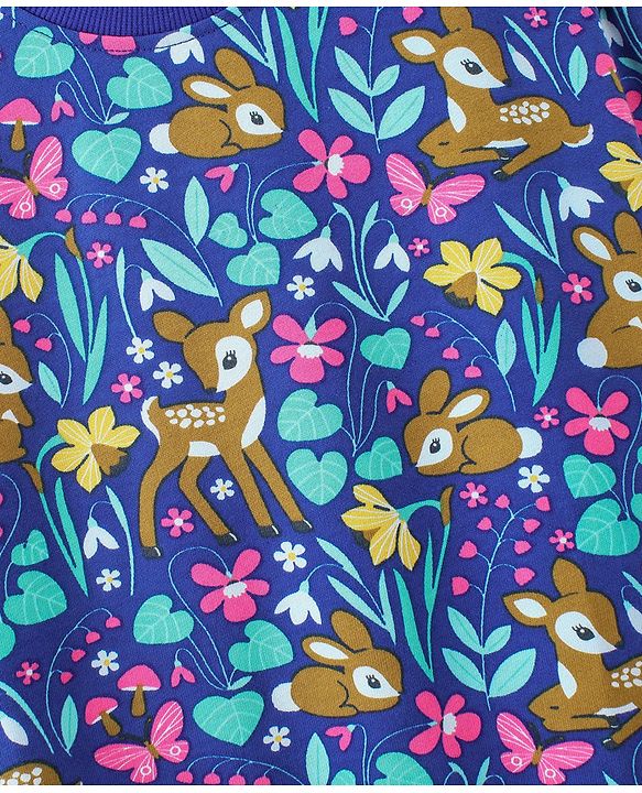 Babyhug 100% Cotton Knit Full Sleeves Sweatshirt With Floral & Deer Print - Navy Blue