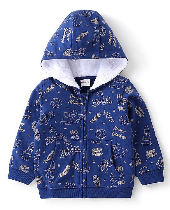 Babyhug Cotton Knit Full Sleeves Foil Printed Medium Winter Sweat Jacket with Hood - Navy Blue