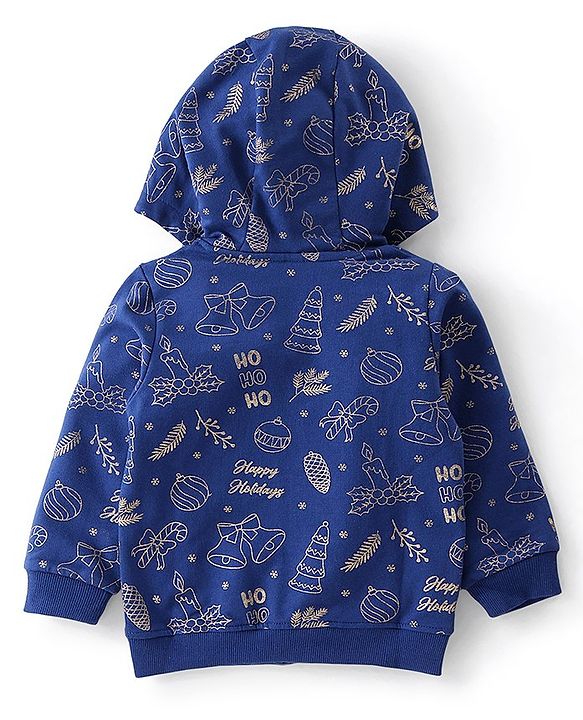Babyhug Cotton Knit Full Sleeves Foil Printed Medium Winter Sweat Jacket with Hood - Navy Blue