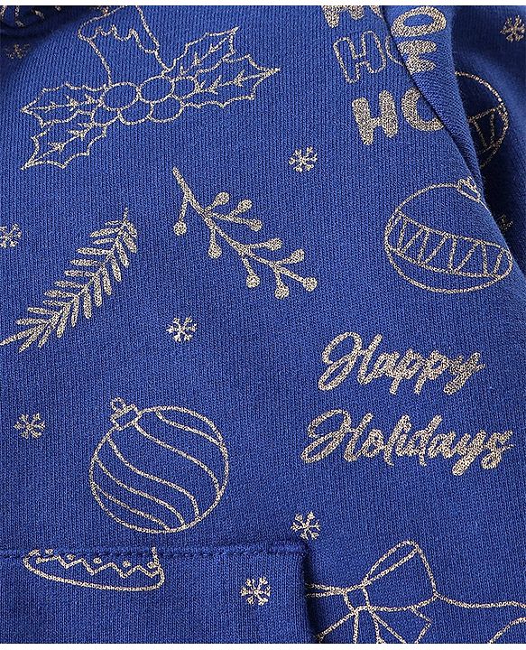 Babyhug Cotton Knit Full Sleeves Foil Printed Medium Winter Sweat Jacket with Hood - Navy Blue