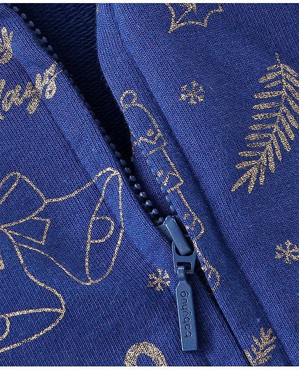 Babyhug Cotton Knit Full Sleeves Foil Printed Medium Winter Sweat Jacket with Hood - Navy Blue
