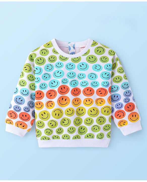Babyhug Cotton Knit Full Sleeves Drop Shoulder Sweatshirt With Smiley Print - White