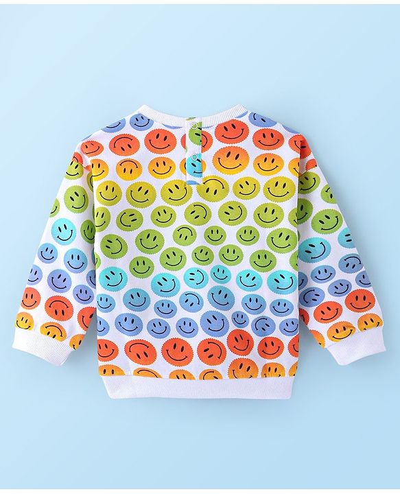 Babyhug Cotton Knit Full Sleeves Drop Shoulder Sweatshirt With Smiley Print - White