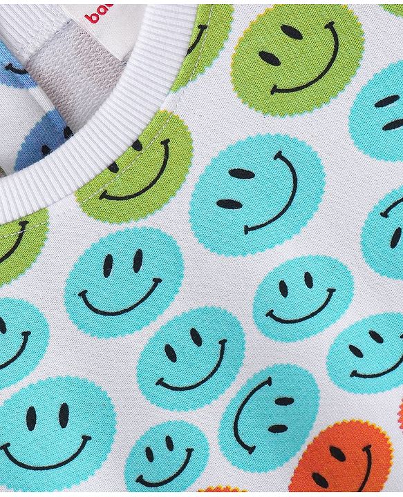 Babyhug Cotton Knit Full Sleeves Drop Shoulder Sweatshirt With Smiley Print - White