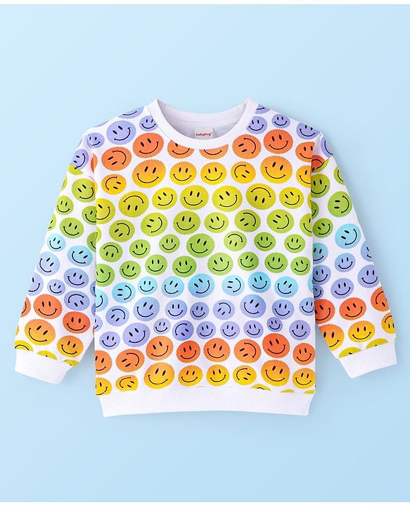 Babyhug Cotton Knit Full Sleeves Drop Shoulder Sweatshirt With Smiley Print - White