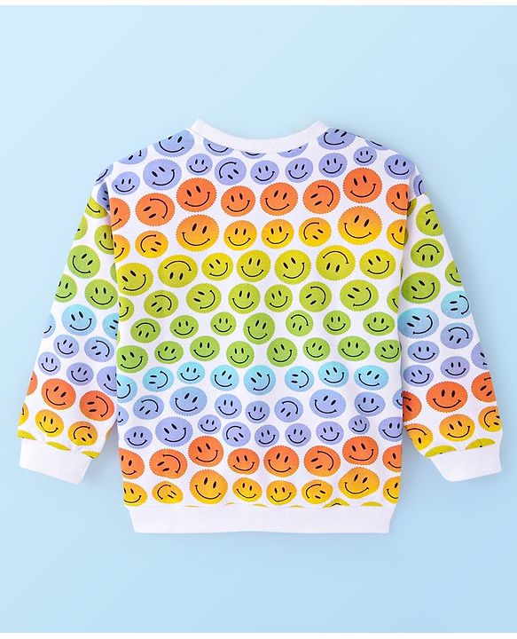 Babyhug Cotton Knit Full Sleeves Drop Shoulder Sweatshirt With Smiley Print - White