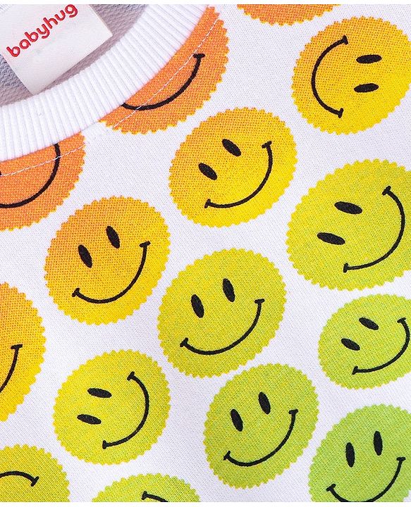 Babyhug Cotton Knit Full Sleeves Drop Shoulder Sweatshirt With Smiley Print - White
