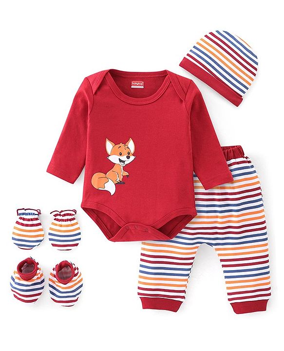 Babyhug 100% Cotton Interlock Knit Full Sleeves Onesies With Leggings Cap & Mittens Booties Stripes & Fox Print - Red